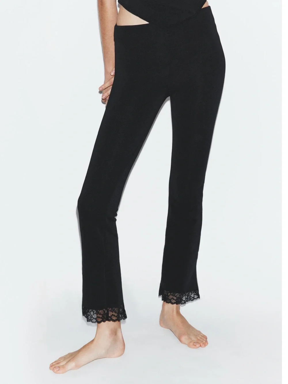 Zara NWT Black Lace Hem stretch mini flare Pants